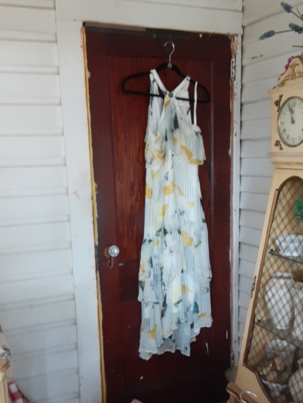 Anthropologie White Floral Halter Maxi Dress with Yellow and Green Accents
